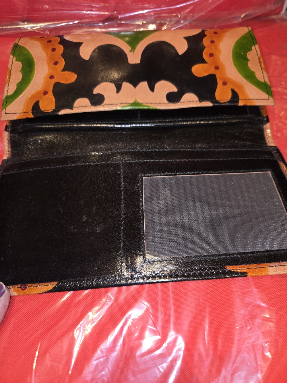 Colorful Patterned Trifold Wallet - Black, Pink, Orange & Green